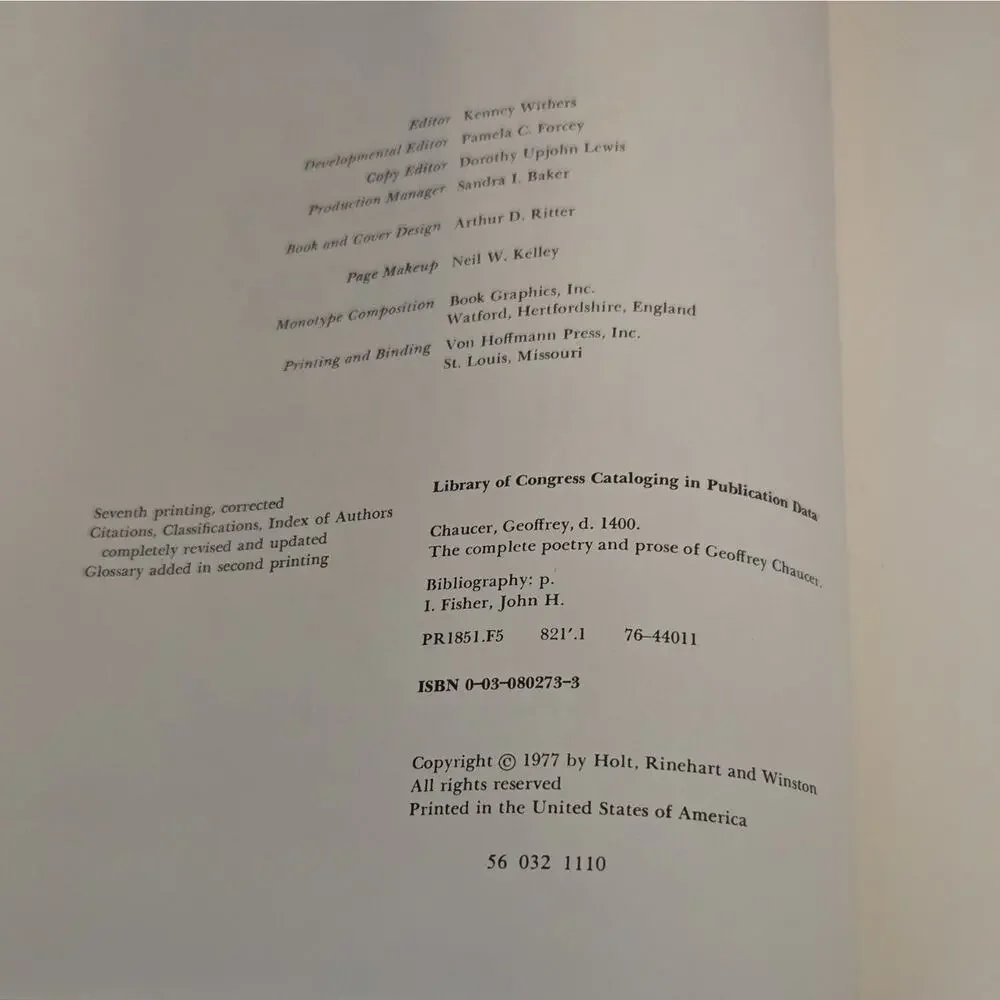 The Complete Poetry & Prose of Geoffrey Chaucer HC John H. Fisher Holt 1977